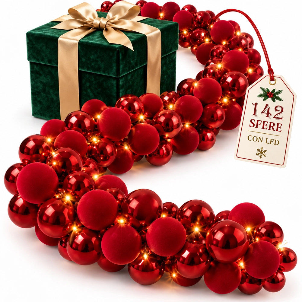 Ghirlanda Natalizia Festone 180cm 142 Sfere e Led Addobbo Lucido e Velluto Rosso