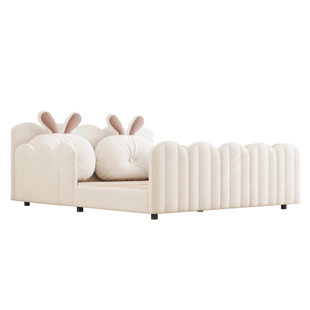 Letto per Bambini 140x200 cm, con Cuscino a Orecchie di Coniglio e Sponde - Beige