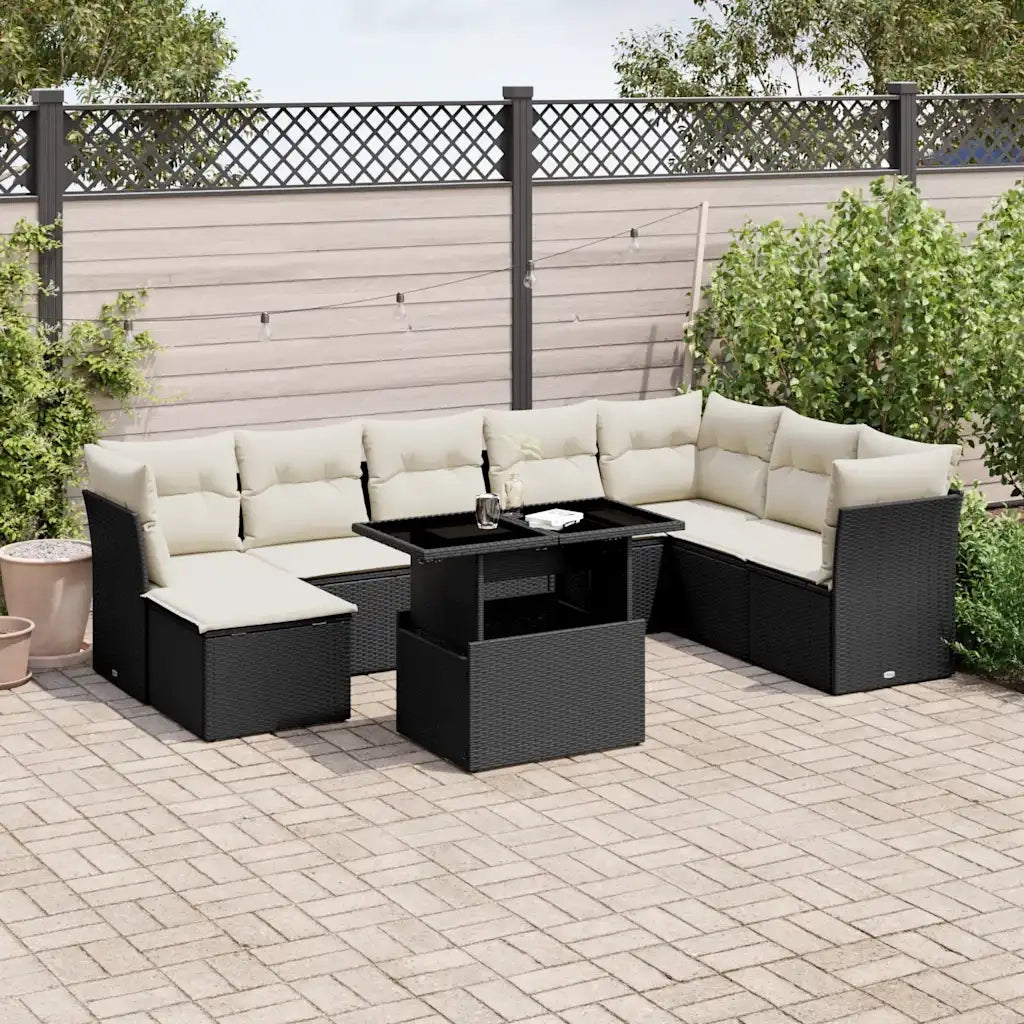 Set Divani da Giardino 9 pz con Cuscini Nero in Polyrattan 3266786