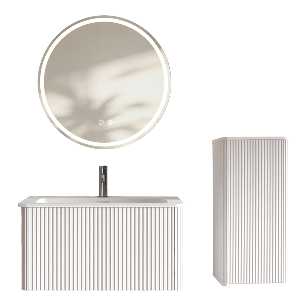 Set di mobili con lavabo sospeso; specchio LED e mobile laterale bianco con lavabo in pietra artificiale