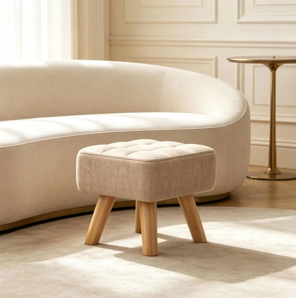 Pouf poggiapiedi imbottito in lino marrone chiaro 27 cm
