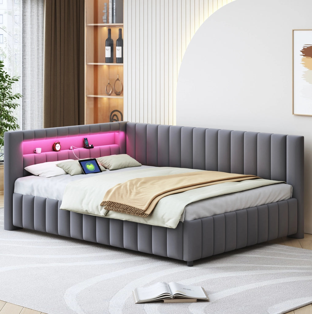 Letto imbottito a L 140x200 cm in velluto grigio con LED e porta USB