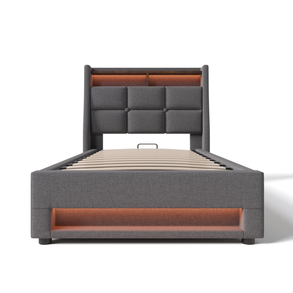 Letto singolo imbottito 90x200 cm con contenitore e luci LED