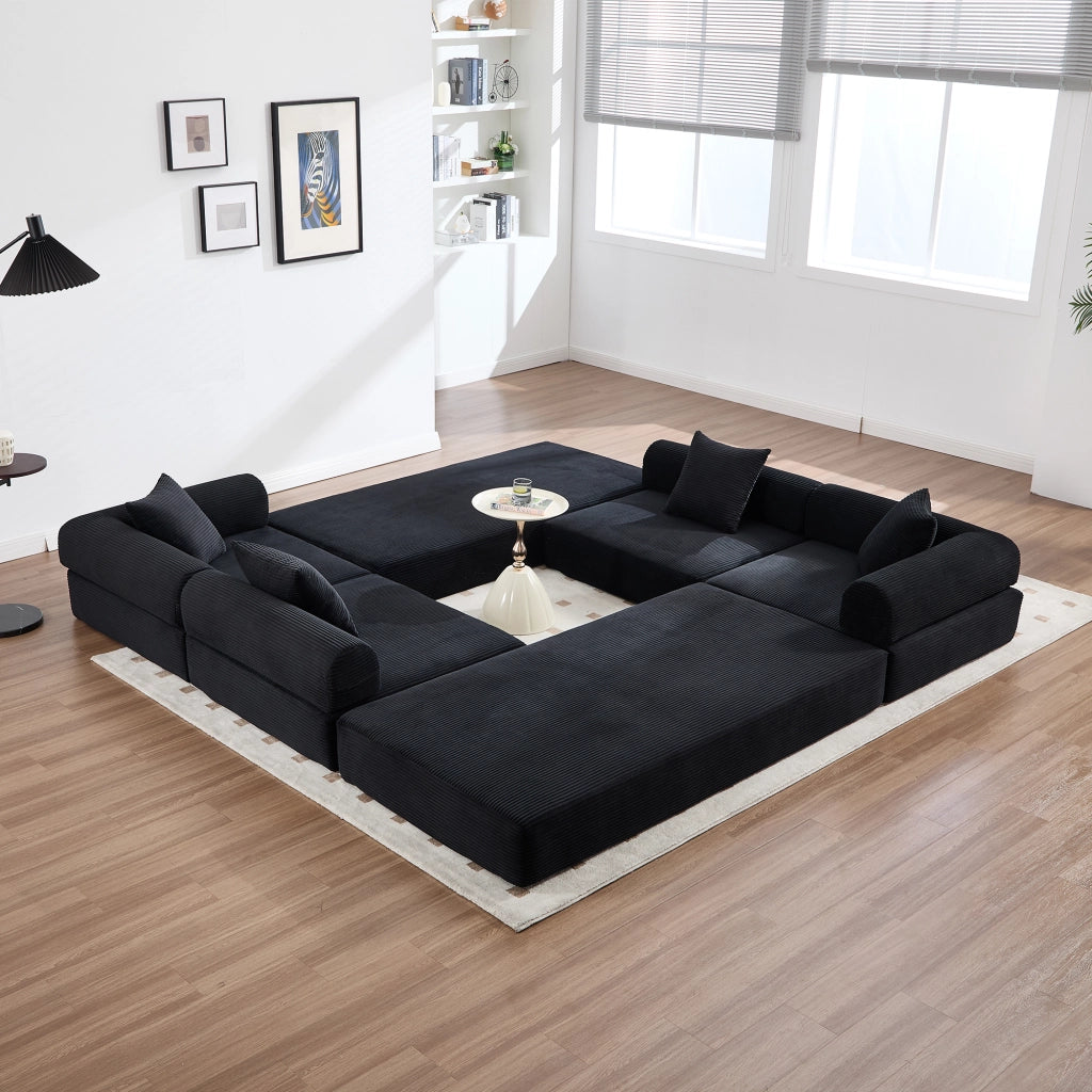 Divano letto modulare in velluto a coste nero con tasca laterale e imbottitura in schiuma 270 × 180 × 64 cm