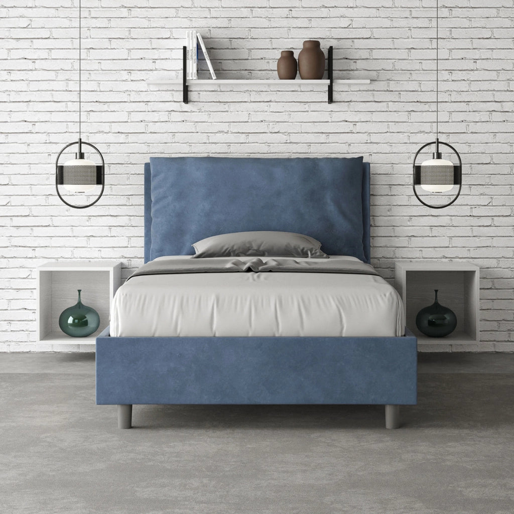 Letto 1 Piazza E Mezzo 130x210 cm con Rete e Contenitore Imbottito in Microfibra Antea Large Blu