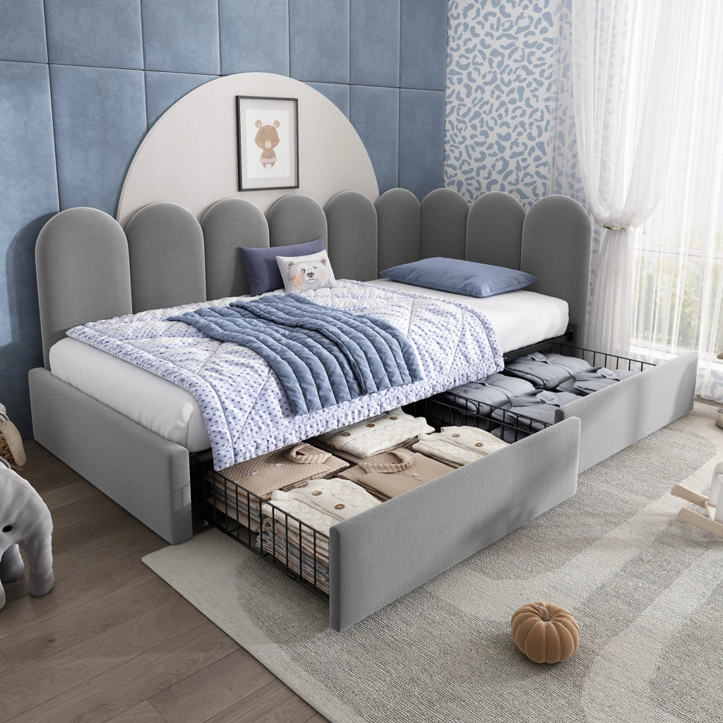 LETTO Divano 90x200 cm in velluto grigio con 2 cassetti