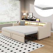Divano letto estraibile imbottito 90/180x190 cm beige con LED USB