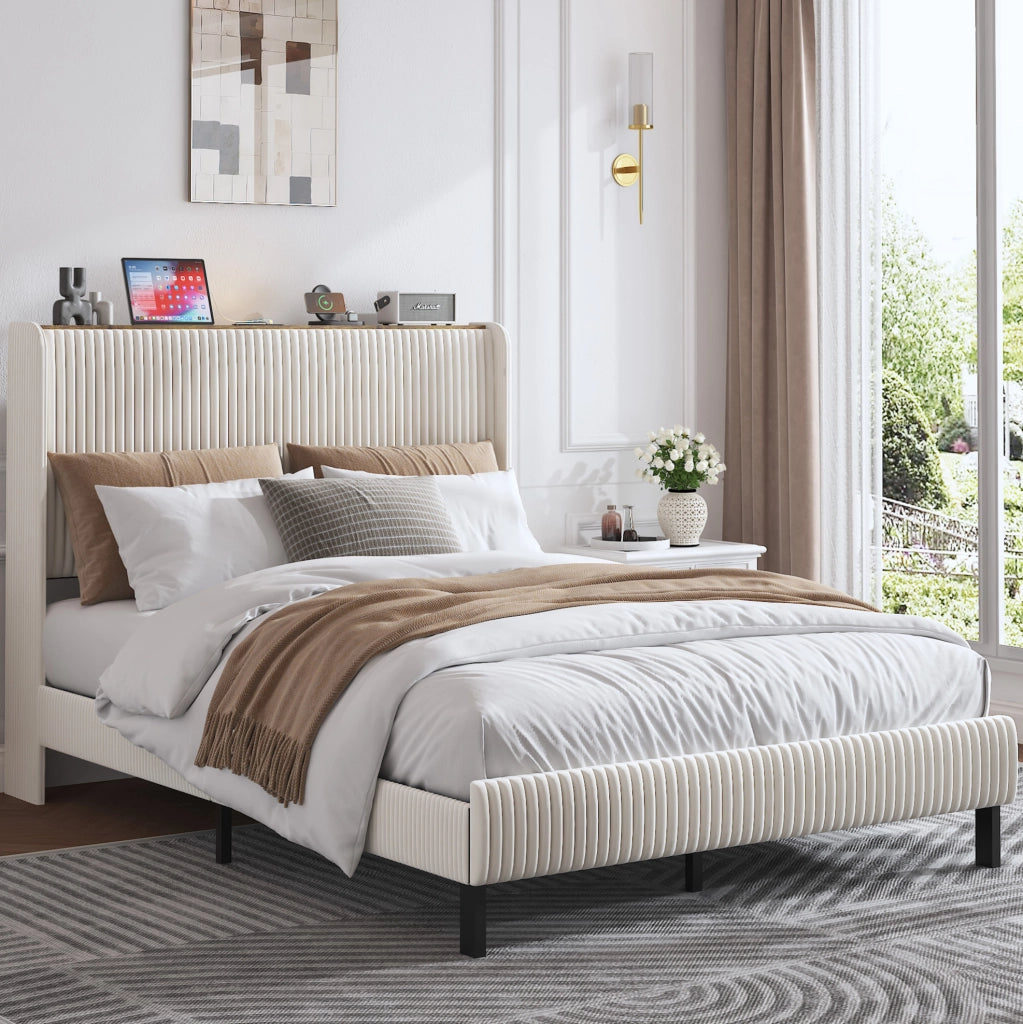 Letto imbottito 140x200 cm in velluto a coste beige