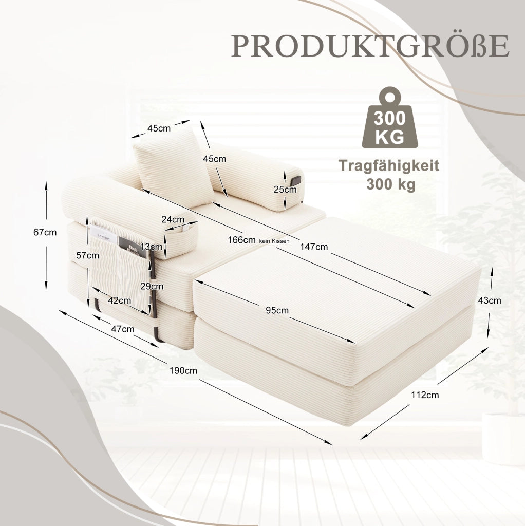 Divano modulare in corduroy beige con pouf, cuscino e tasca laterale