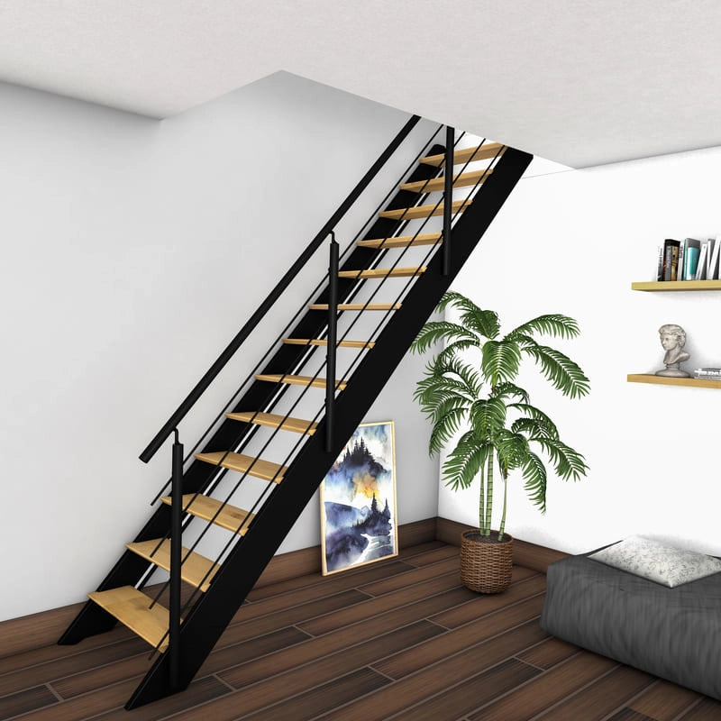 SPECTRA - Scala dritta in legno con LED integrati, nera con balaustra