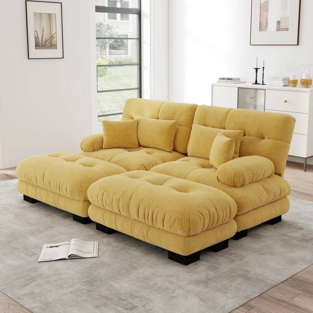 Divano Angolare Chenille 4 Posti con Ottomane e Cuscini ¨C Xylo ¨C Giallo