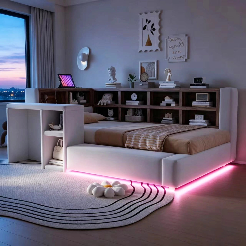 Letto singolo imbottito 90 × 200 cm in velluto grigio chiaro con LED prese integrate e ripiani contenitore