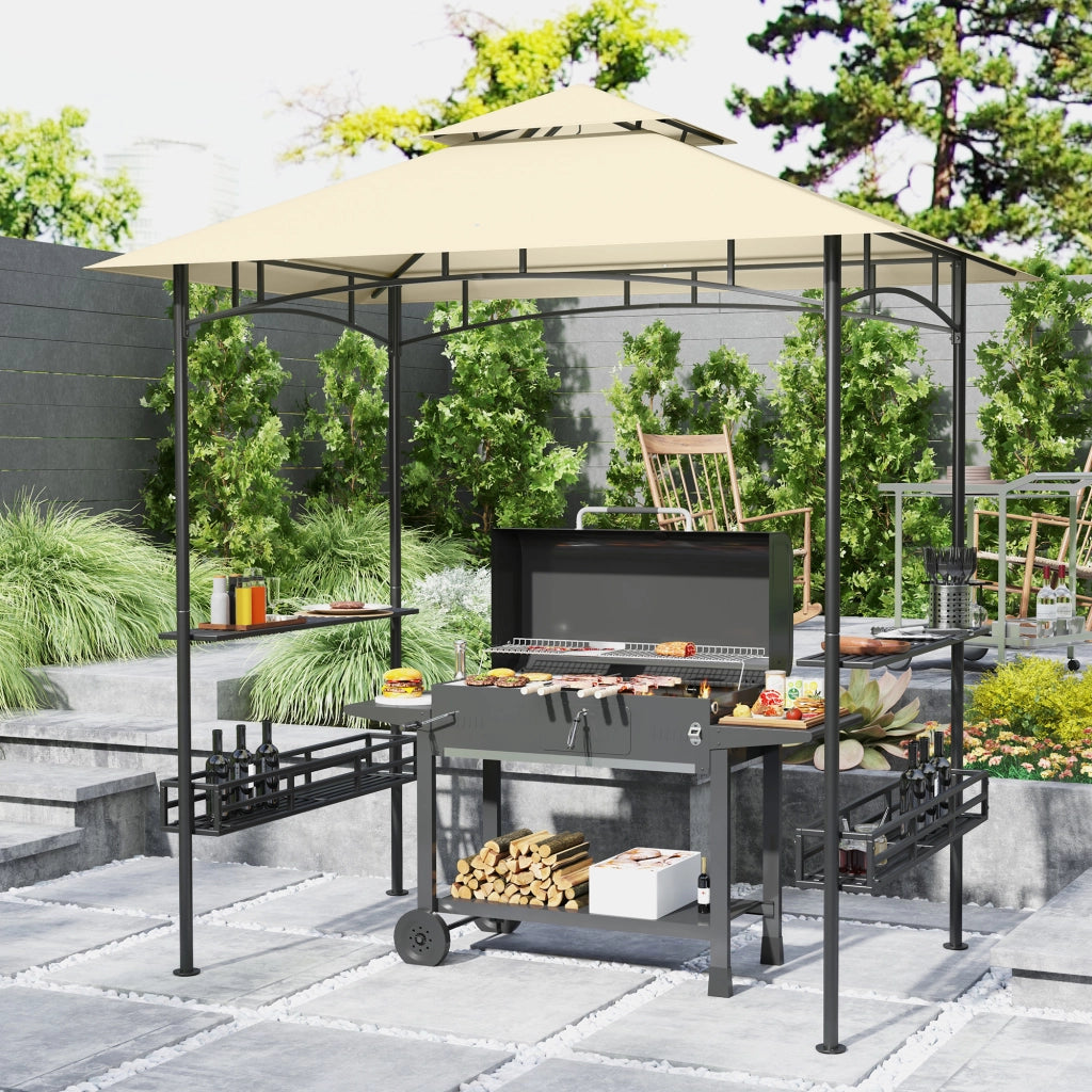 Gazebo per barbecue in acciaio beige con doppio tetto e ripiani laterali organizzati