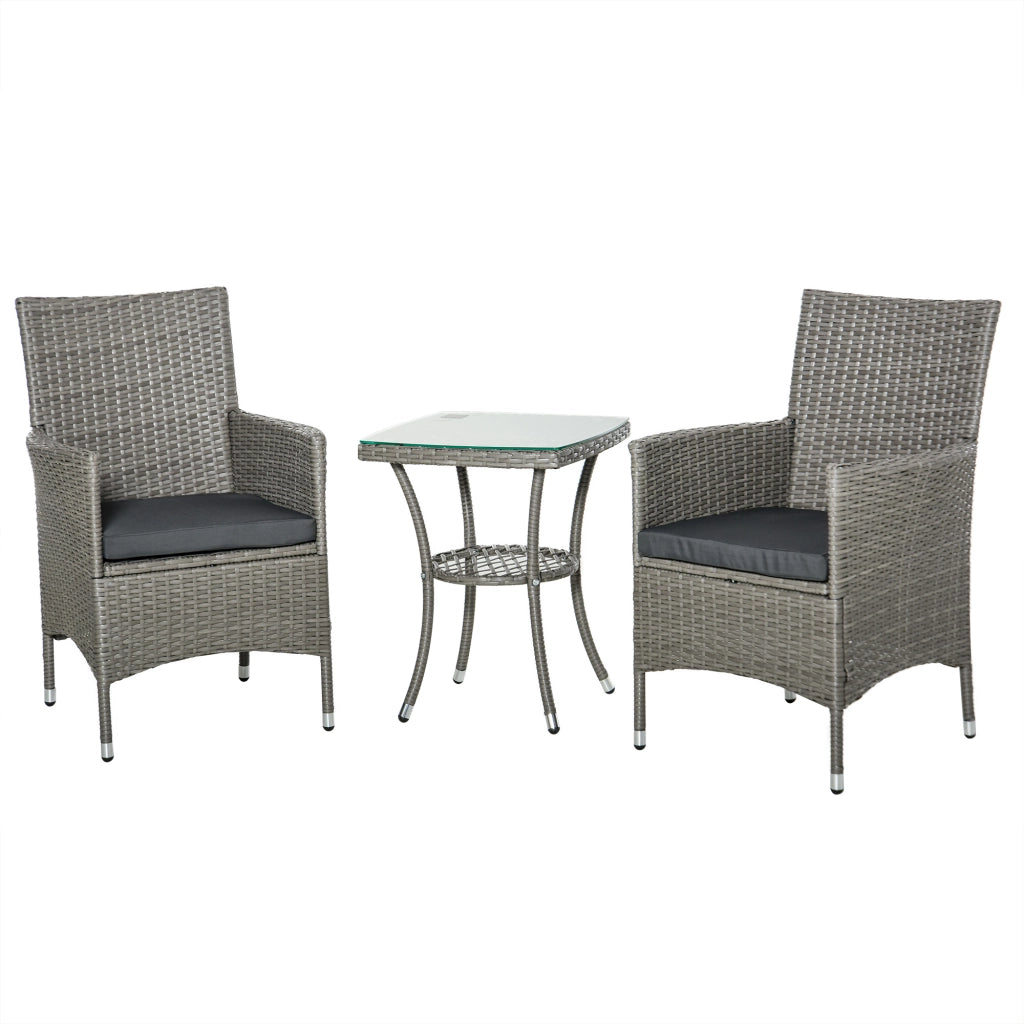 Set mobili da balcone 3 pezzi in rattan grigio con tavolino e cuscini sfoderabili
