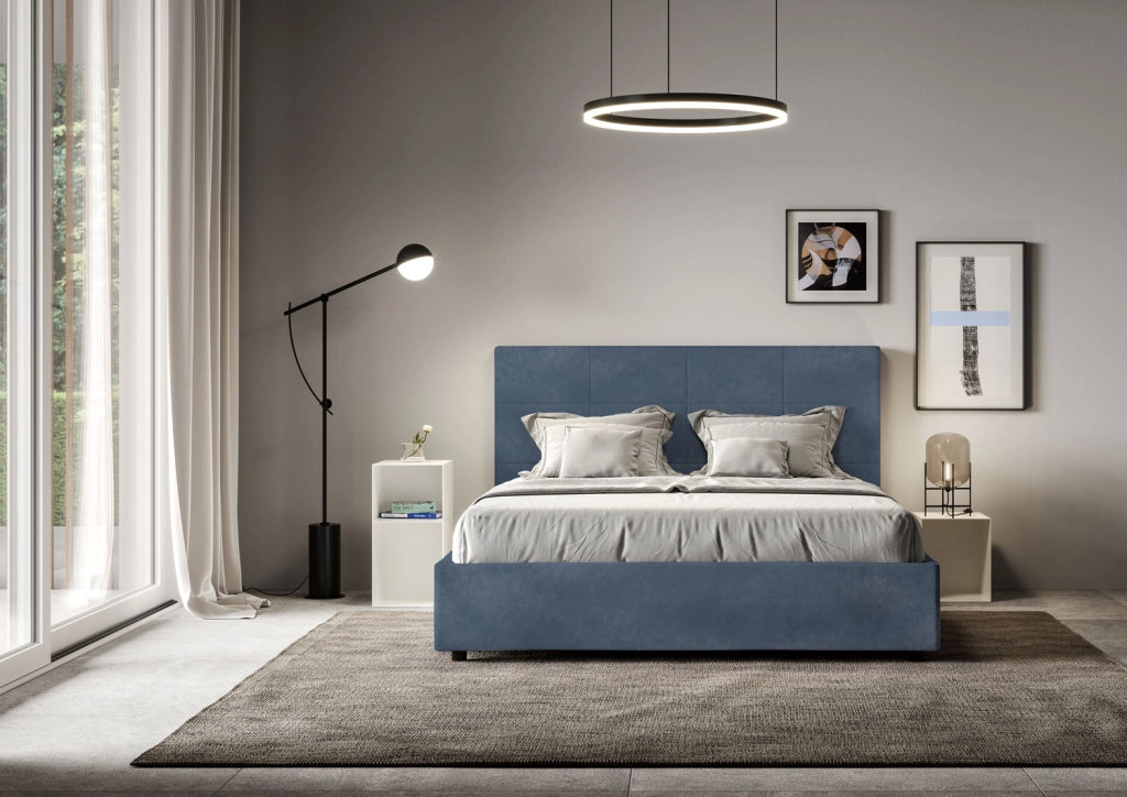 Letto 1 Piazza E Mezzo 130x190 cm con Rete Imbottito in Microfibra Mika Blu
