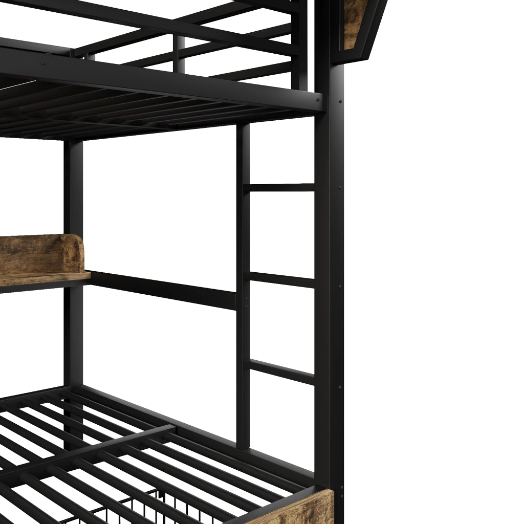 Letto a castello 140 × 200 cm in metallo e MDF nero con LED ripiani cestino e due cassetti