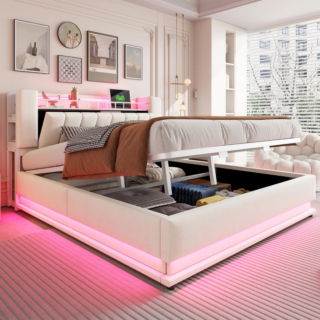 Letto matrimoniale imbottito 180x200 beige con LED e contenitore; velluto e metallo