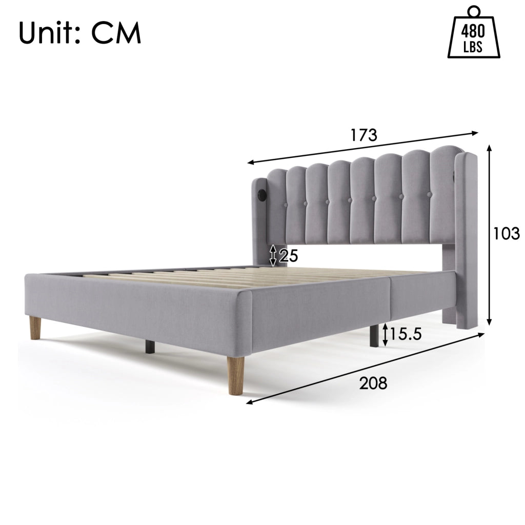 LETTO imbottito 160x200 cm in lino grigio con USB e Type-C