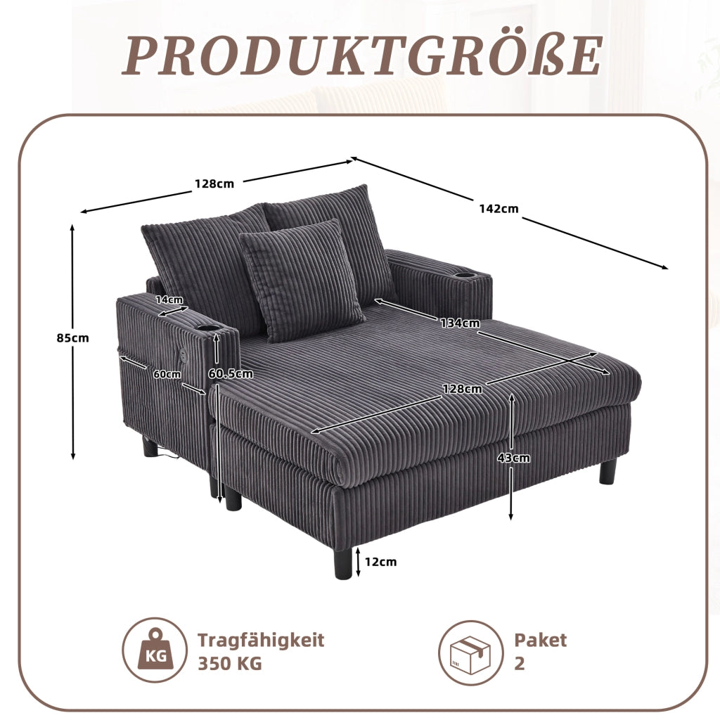 Poltrona relax extra large con LED multicolore; USB e portabicchieri in velluto a coste grigio scuro