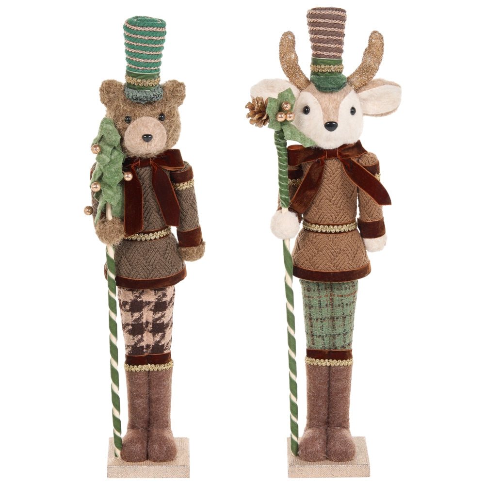 Set di 2 statuette schiaccianoci marroni a forma di orso e renna fatte a mano, decorazioni natalizie