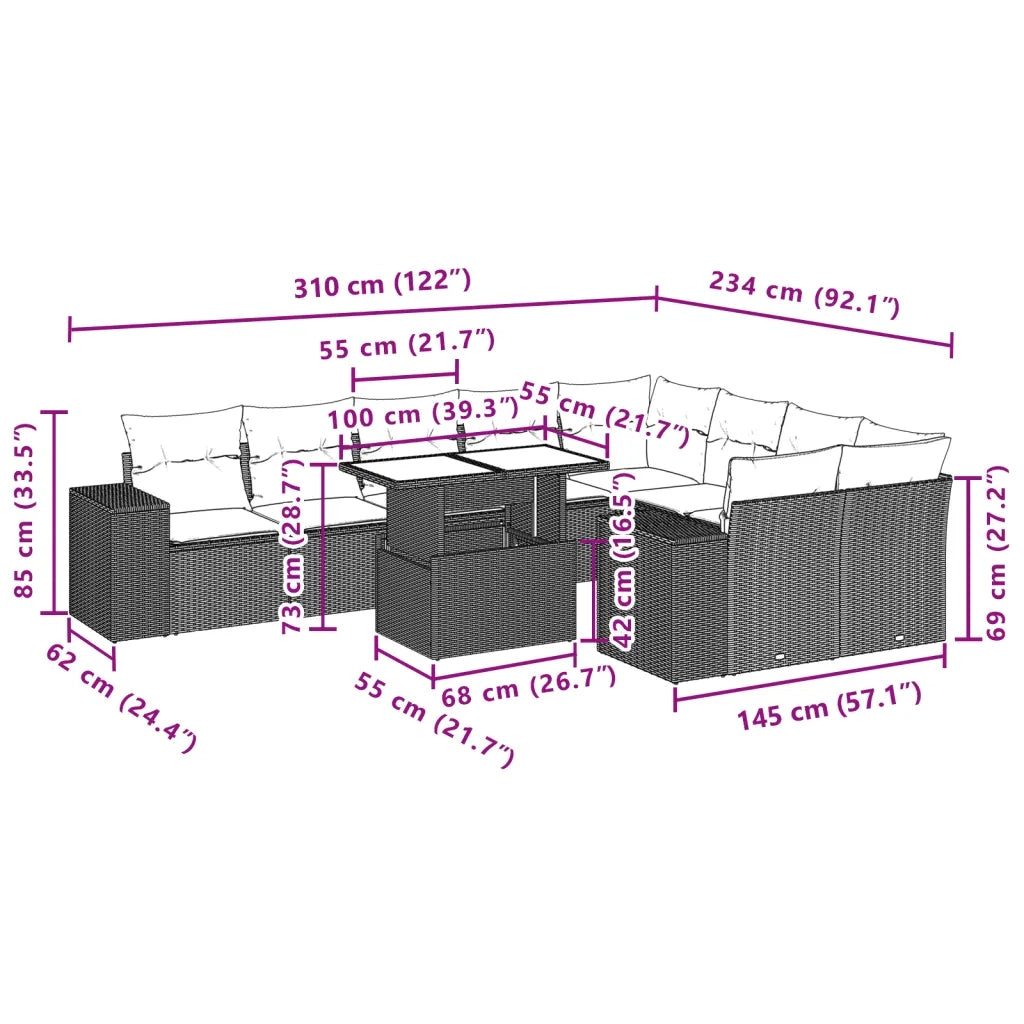 Set Divani da Giardino 10pz con Cuscini in Polyrattan Nero 3269386