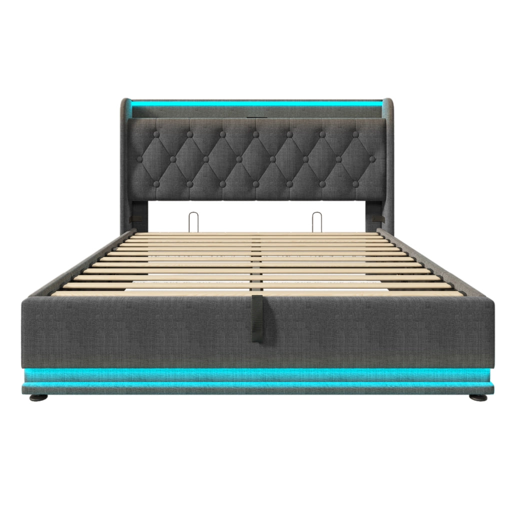 Letto imbottito grigio 140x190 cm con contenitore e illuminazione LED