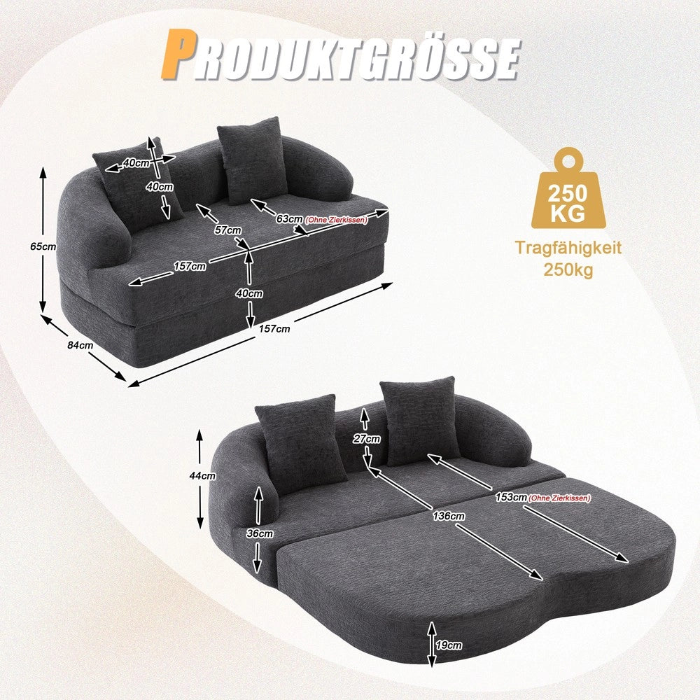 Divano letto 2 posti ¨C Minimal ¨C grigio scuro tessuto chenille con cuscini