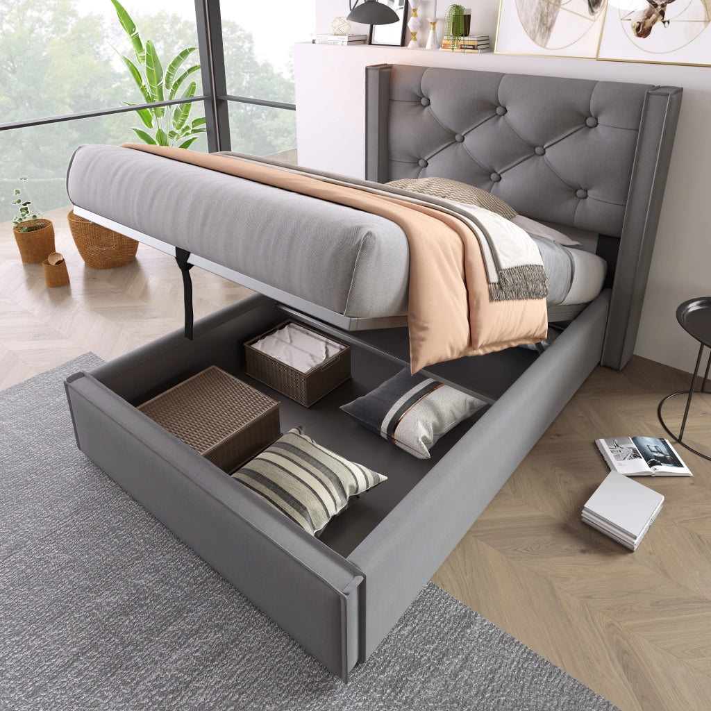 Letto singolo imbottito 90x200 con contenitore e rete sollevabile; cotone grigio