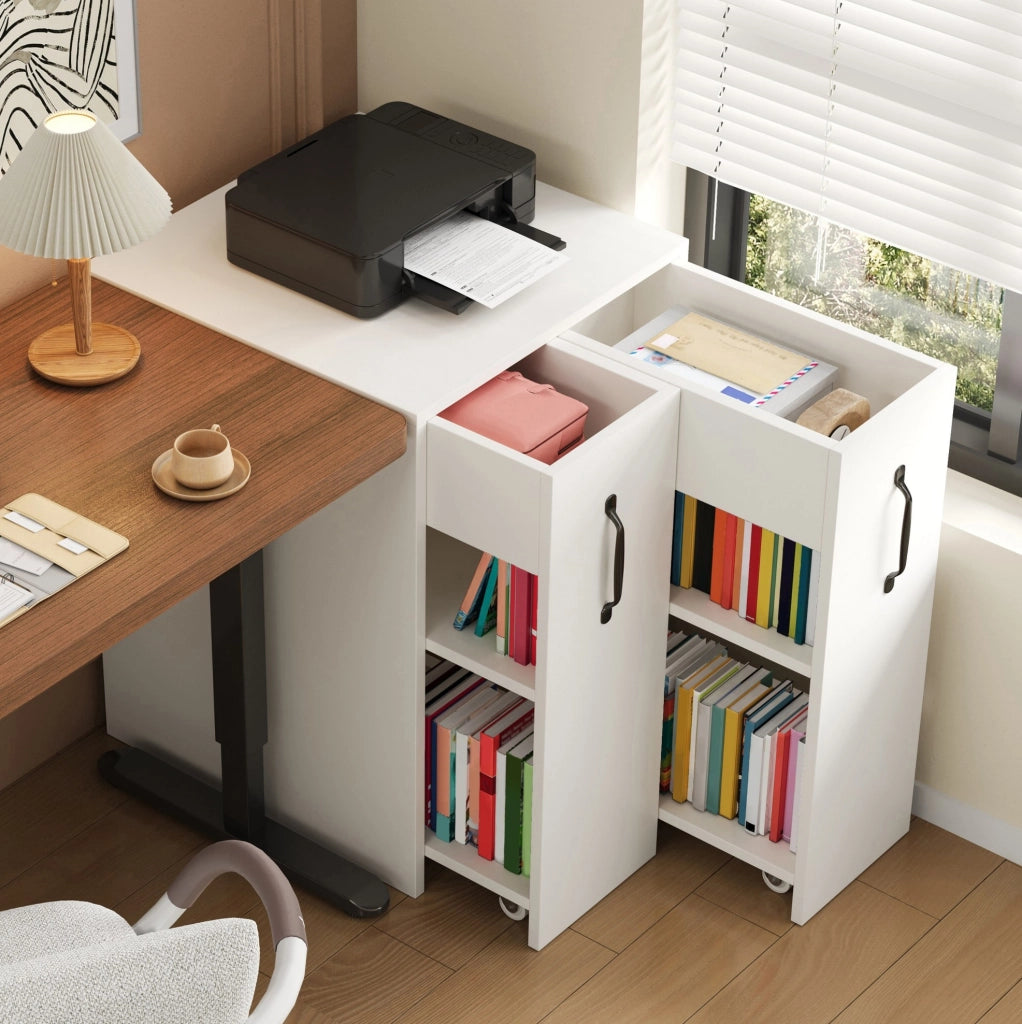Libreria mobile 52x50x75 cm con cassetto e ripiani; reversibile; bianca