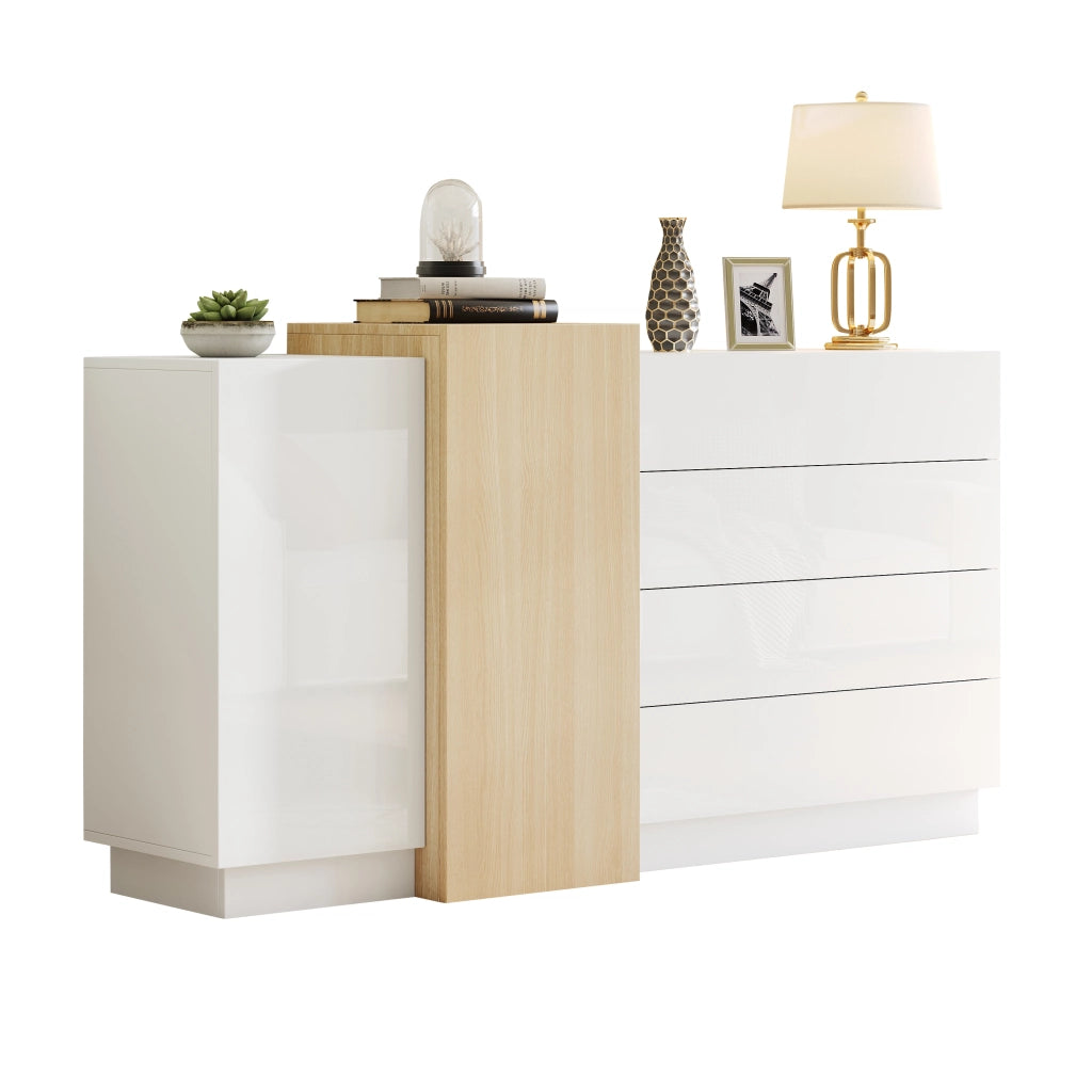 Credenza bianca lucida 140 cm con 4 cassetti e 2 ante; in MDF