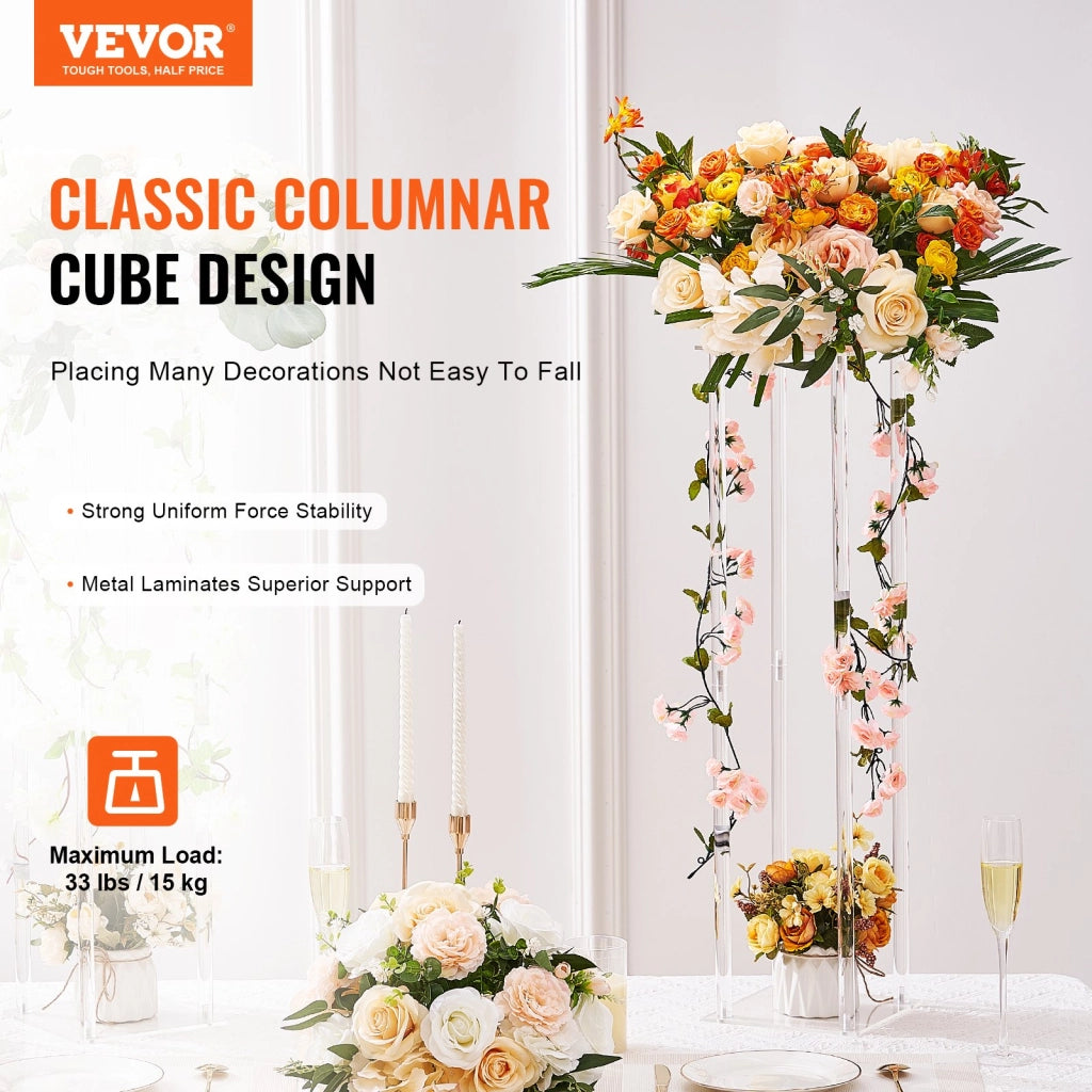 Set 2 Supporti per Fiori a Colonna Cubica in Acrilico Trasparente, Espositore Vaso Alto 80cm Robusto per Matrimonio e Feste
