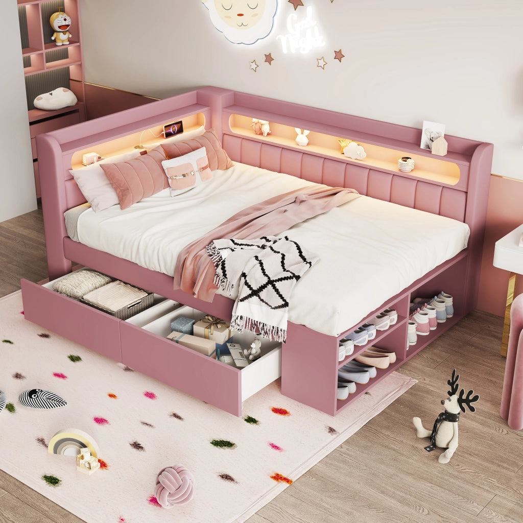 Letto imbottito rosa 90x200 cm con presa USB integrata; luci LED e contenitori
