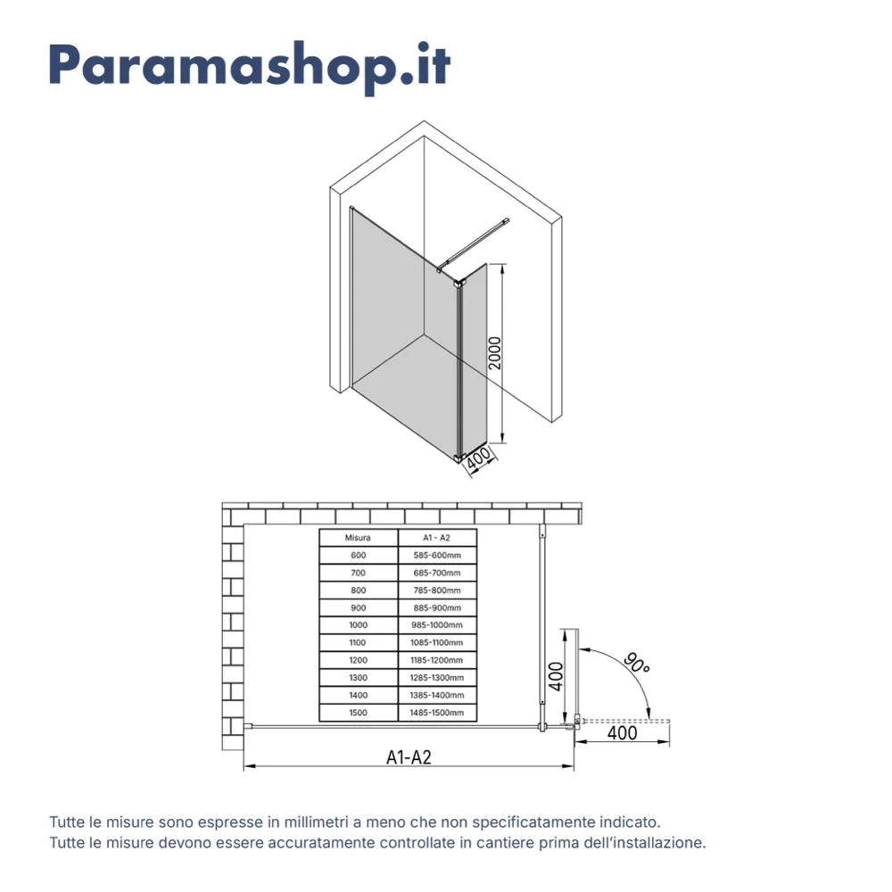 Anta girevole paraspruzzi 40cm vetro trasparente profili neri | Keros