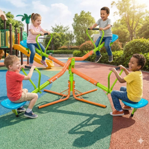 Area giochi a bilico girevole a 360 gradi con quattro sedili e maniglie in acciaio verde per bambini dai 3 anni