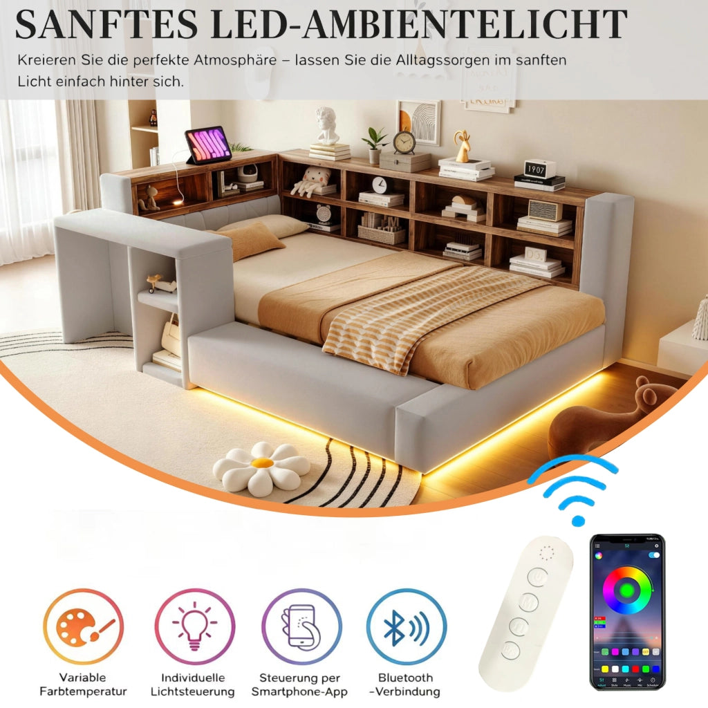 Letto singolo imbottito 90 × 200 cm in velluto grigio chiaro con LED prese integrate e ripiani contenitore