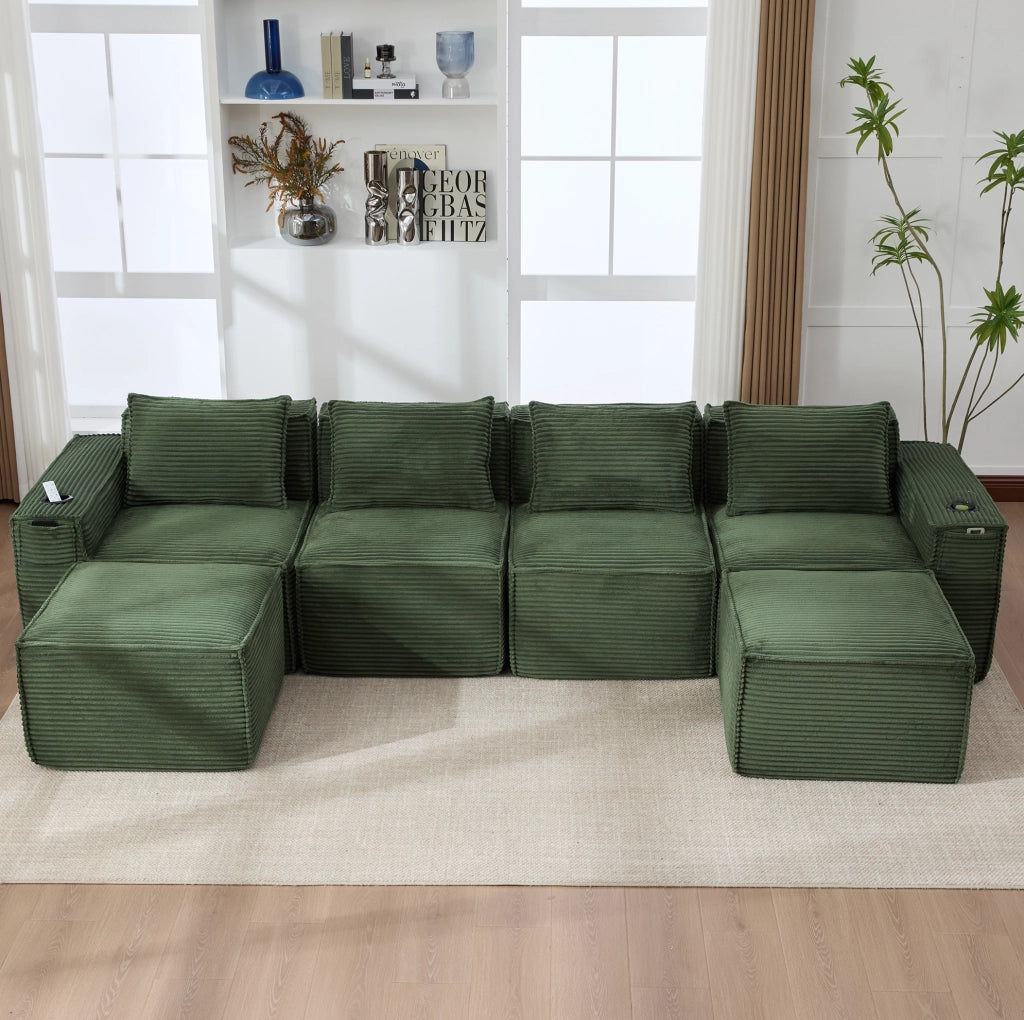 DIVANO modulare 4 posti in corduroy verde con 2 pouf