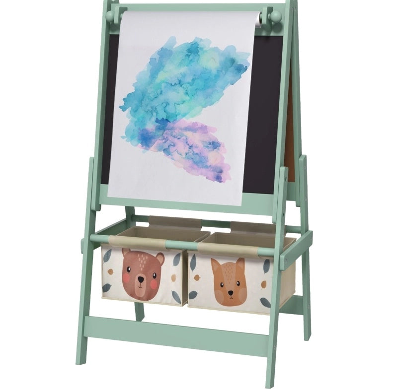 Cavalletto lavagna 3 in 1 ULEVR per bambini 54x46,5x93 cm con lavagna nera, lavagna bianca, rotolo carta e 2 cestini, verde
