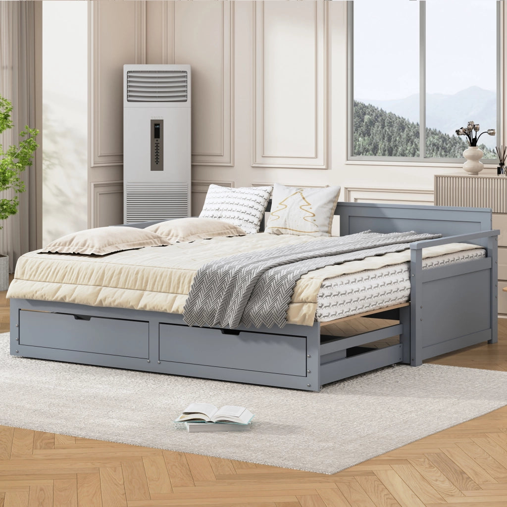 Letto estraibile singolo 90×190 cm e matrimoniale 180×190 cm con cassetti, senza materasso, legno, grigio