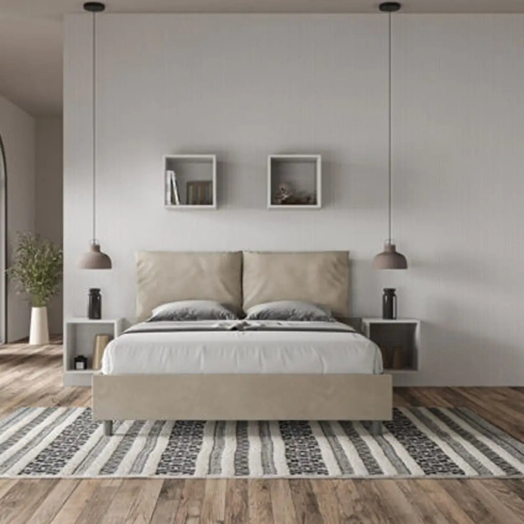 Letto matrimoniale senza rete imbottito 160x210 microfibra sabbia Antea
