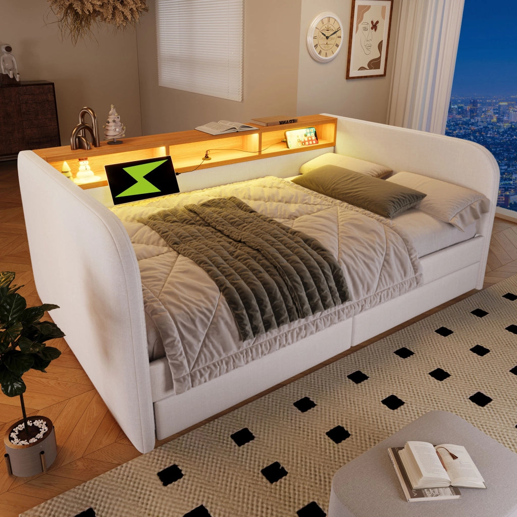 Letto imbottito 140x190 cm con LED e cassetti