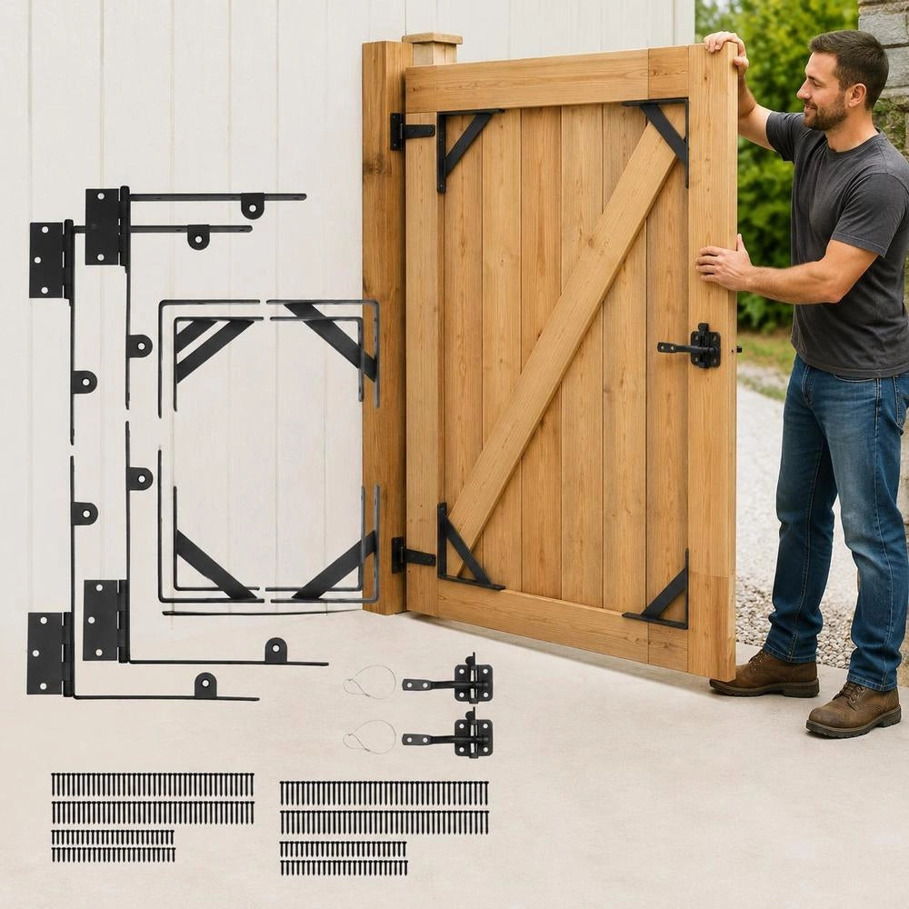 Corner Brace For Gates, Anti-sag Iron Fitting Set For Gate Frames, Gate Corner Brace With Bolt Lock Cable & Screw, 2 Sets For Shed Doors, Driveway Gates, Wooden Windows, Black
