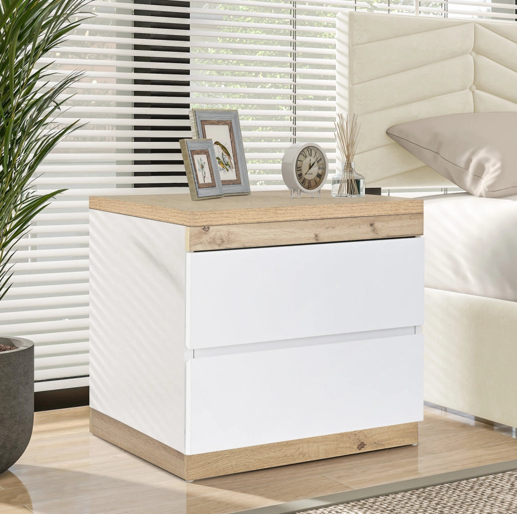 Comodino con 2 cassetti in truciolare E1 bianco e rovere