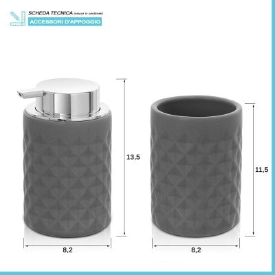 Accessori bagno da appoggio in set 3 pezzi ceramica colore grigio Cristal