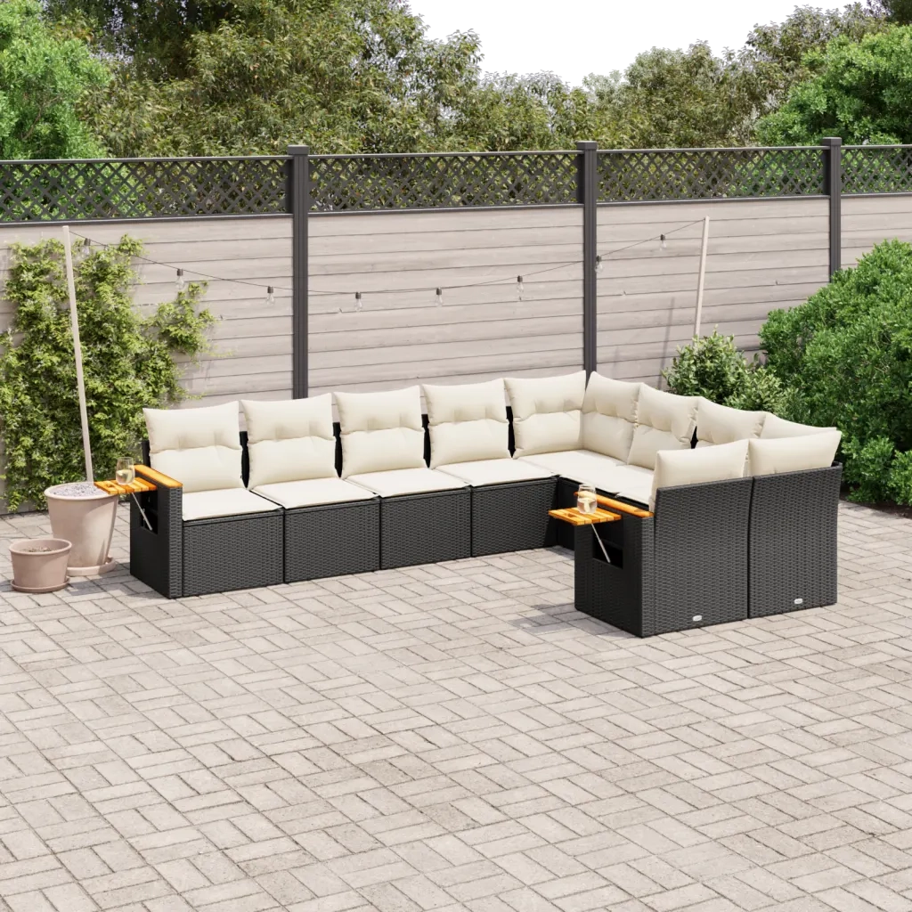 Set Divani da Giardino 9 pz con Cuscini Nero in Polyrattan