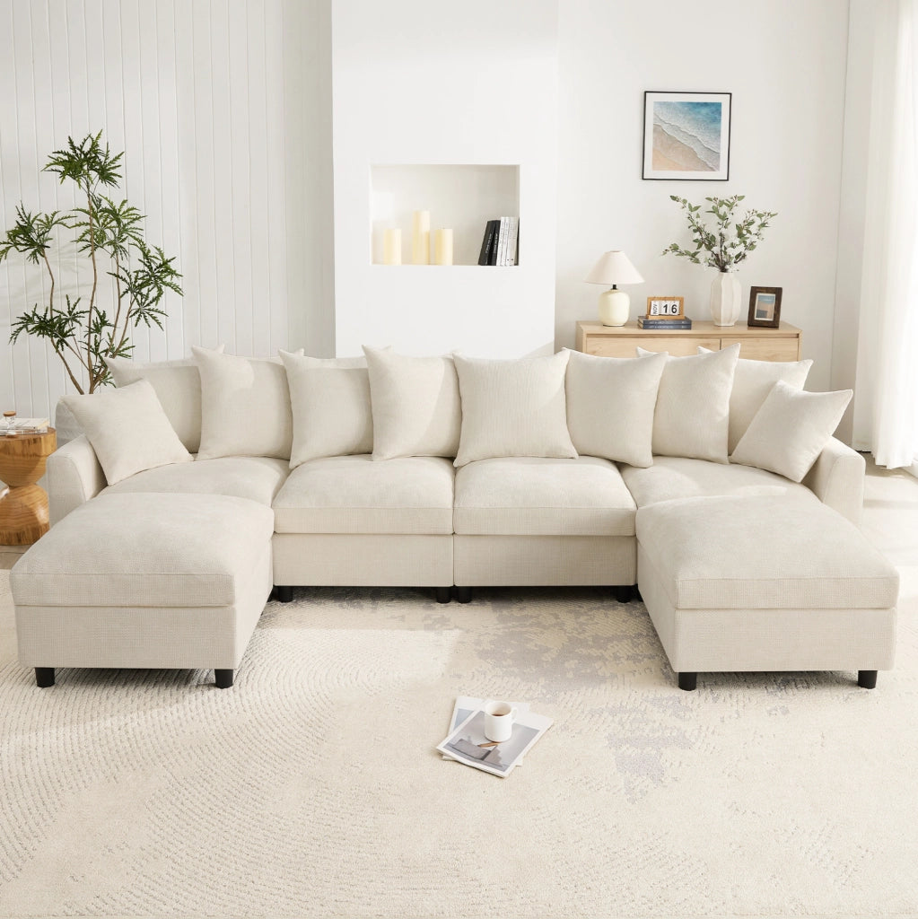 Divano angolare modulare 6 posti a U/L con 2 pouf, porte USB e Type-C, chenille beige