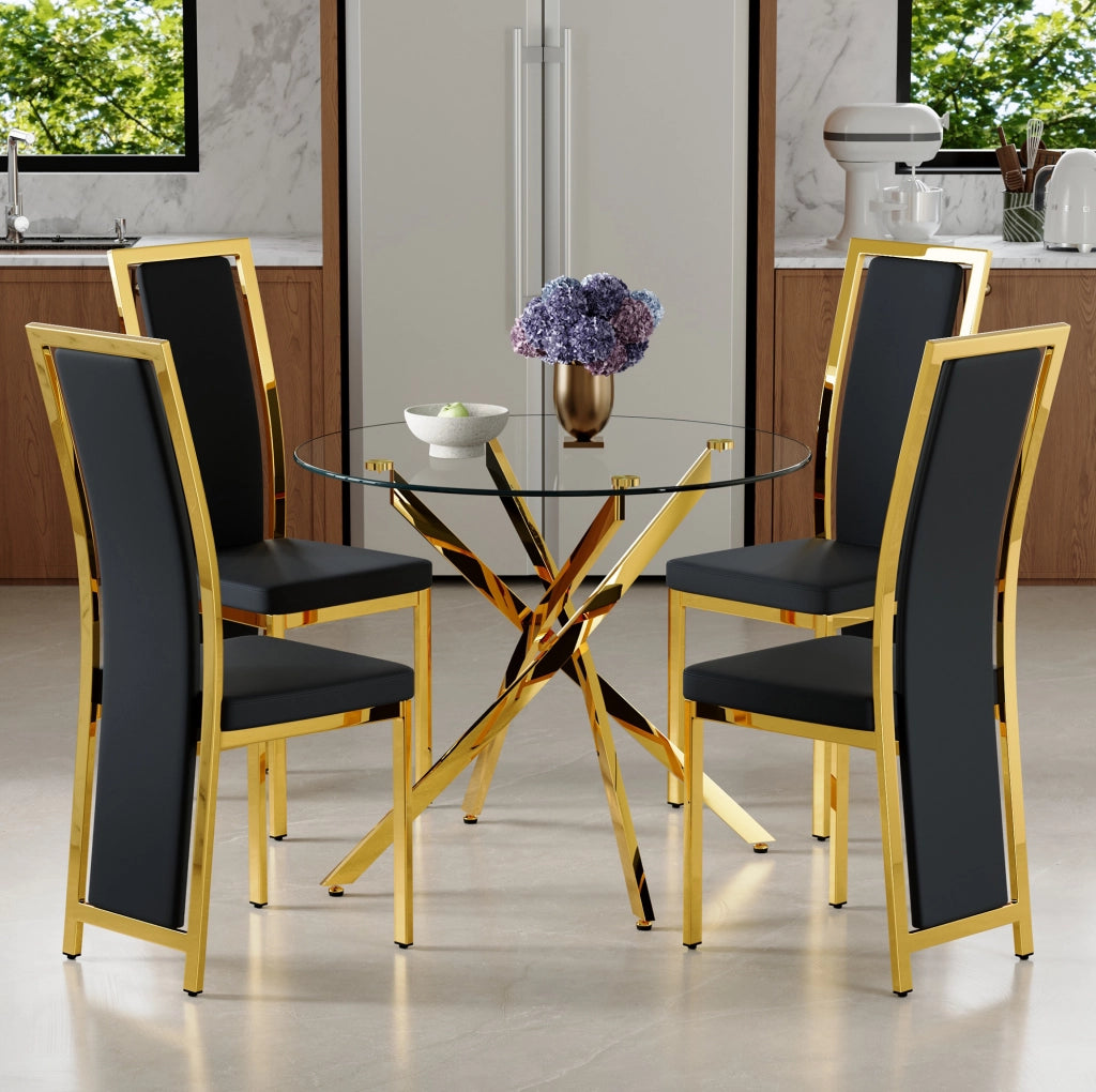 Set tavolo e sedie 88 cm in vetro temperato nero e oro per 4 persone