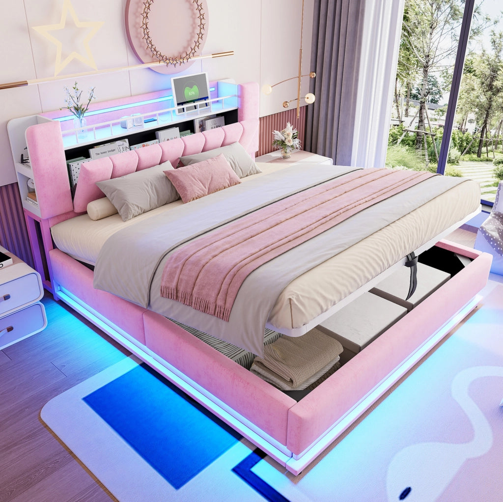 Letto matrimoniale imbottito 180x200 cm con LED, USB e contenitore, rosa