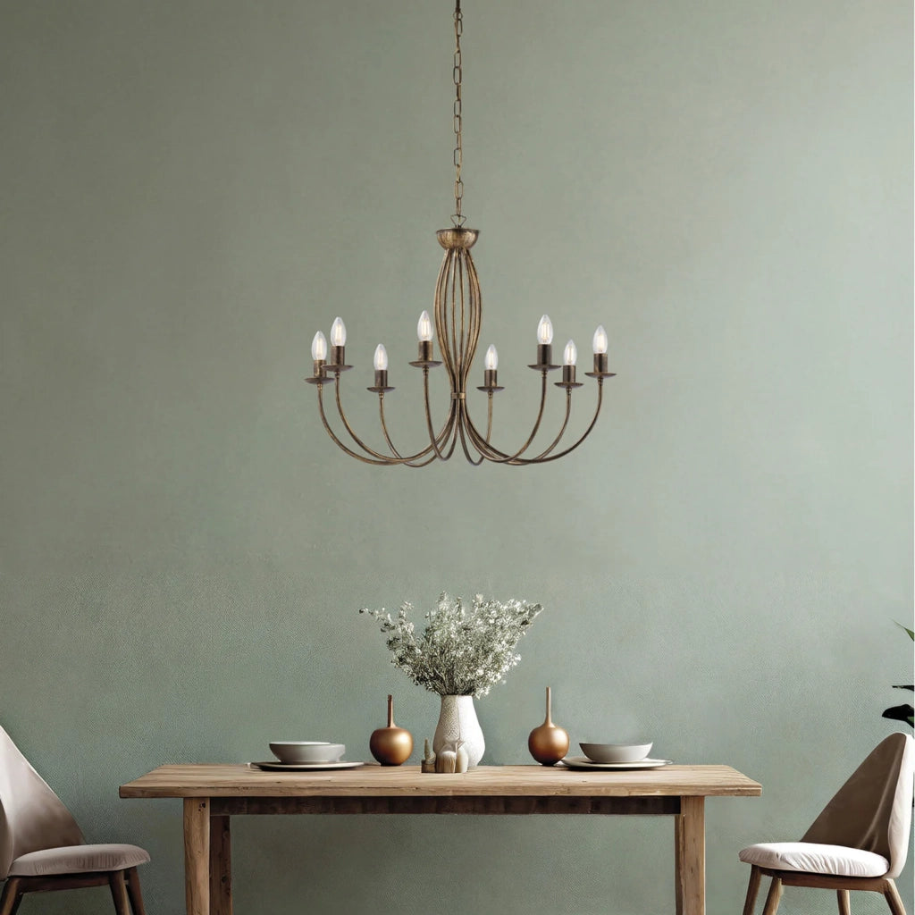 Lampadario Rustico Botte 8 Luci In Ferro Battuto Marrone E Oro