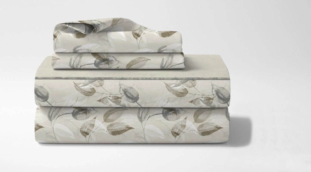 Completo Letto In Cotone Di Flanella Lenzuola Matrimoniali,Parure, Flanella Calda e Morbida,Anti Pilling Felpato Flanellato - Foglie510beige - Matrimoniale