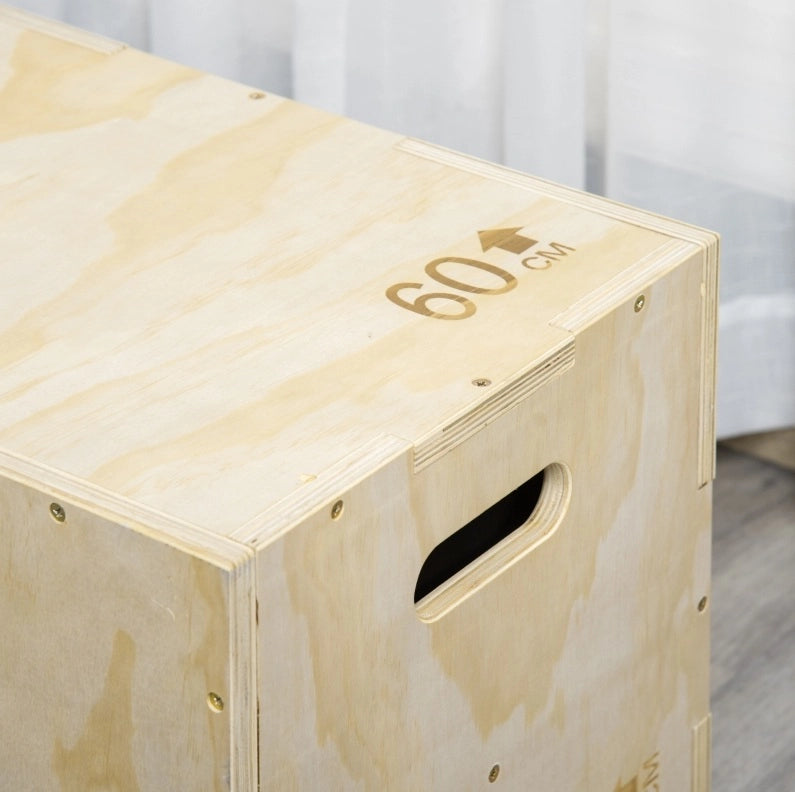 Box pliometrica in legno naturale 45 x 40 x 60 cm, 3 altezze, maniglie integrate